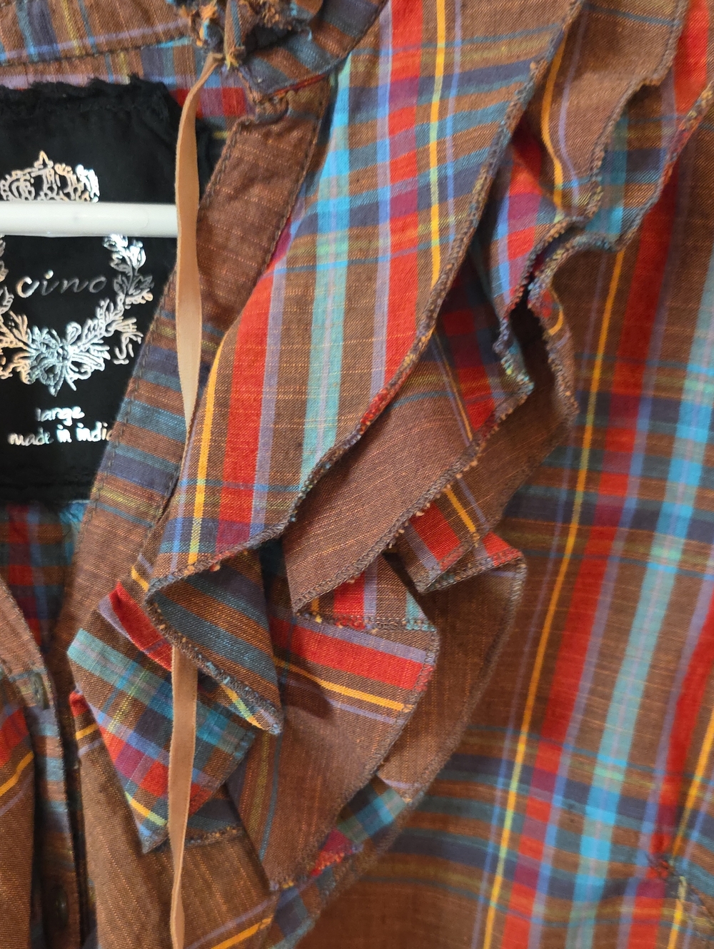 Cino Frayed Ruffle Fringe Plaid Button-Up Shirt Brown Red Blue Large Cotton - Picture 6 of 14